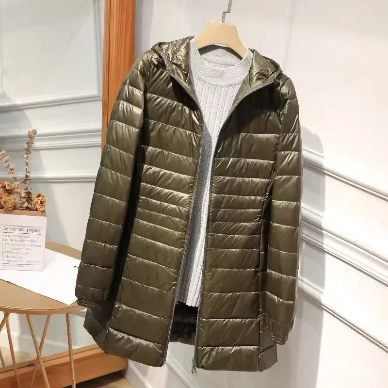 Female Long Warm Down Coat with Portable Storage Bag Women Light Down Jacket Ladies Overcoats Hip-Length High Street
