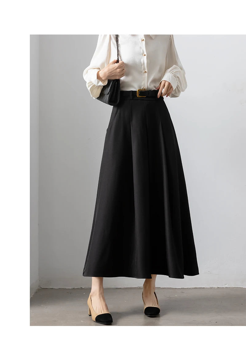 Autumn Elegant High Waist Women's Umbrella Skirts Pockets 2025 New Solid Casual Loose Office Pleated A-line Long Skirts Female