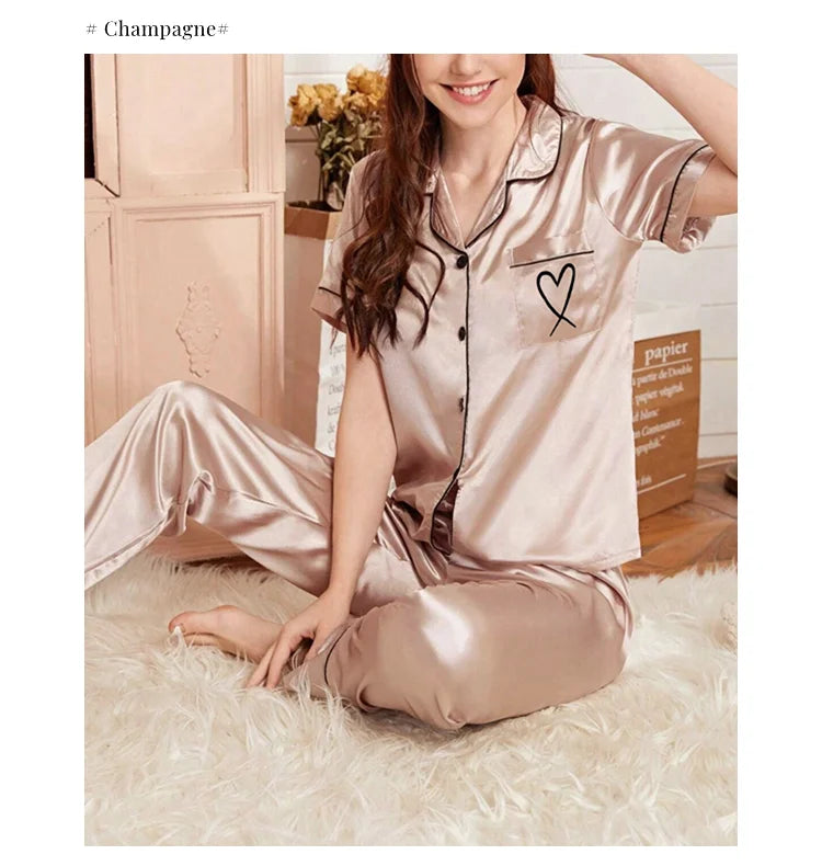 Luxurious Satin Pajama For Women 2 Piece Pjs Set Pocket Heart Embroider Sleepwear Autumn Long Sleeve Tops & Pants Pyjama Female