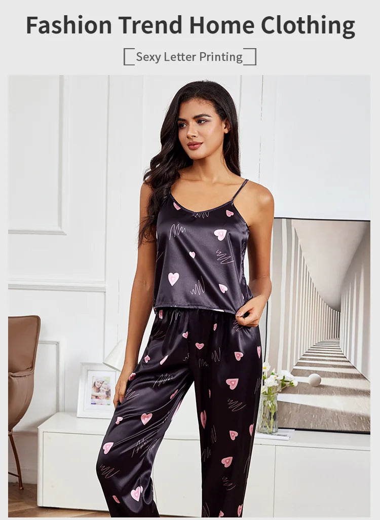 Women's Home Clothes Sexy V Neck Pajama Silk Pajamas Set Sleepwear Satin Cami Vest with Trousers Pajamas 2 Piece Sets Loungewear