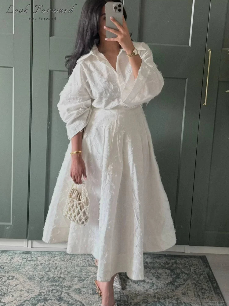 Tassel Shirt Long Skirt Suit Women Loose Lapel Buttons Blouse A-line Skirt Set Female Full Sleeve 2025 Autumn white Sets Lady