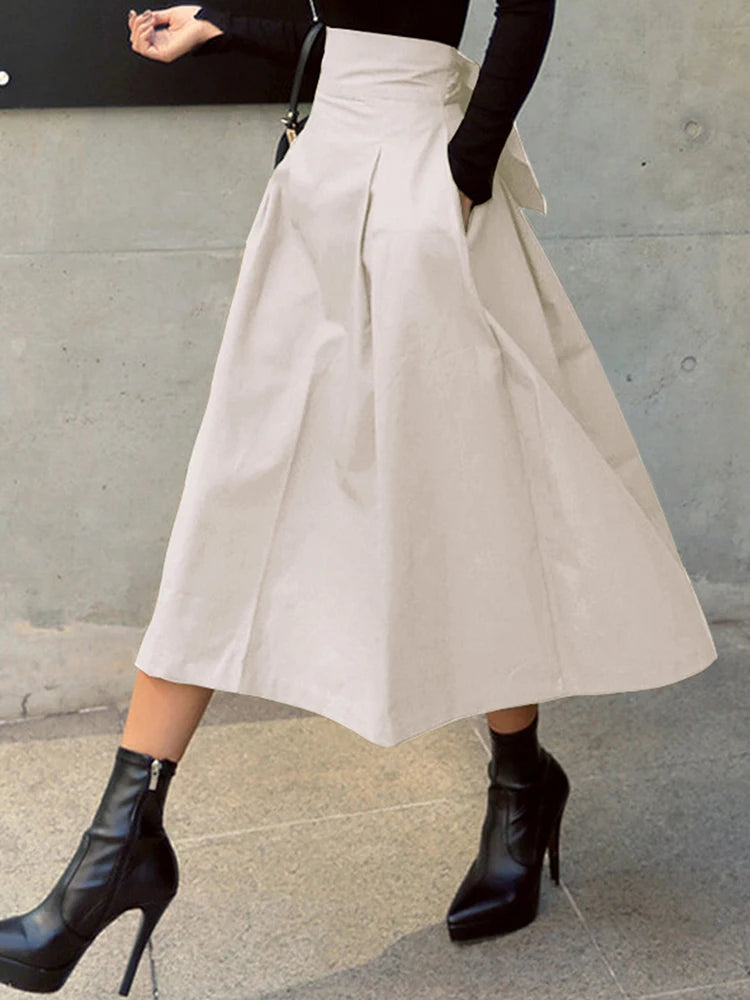 Stylish Solid A-line Skirts for Women Preppy School Style High Elastic Waist Long Skirt With Bow Woman Clothing Women's Skirts