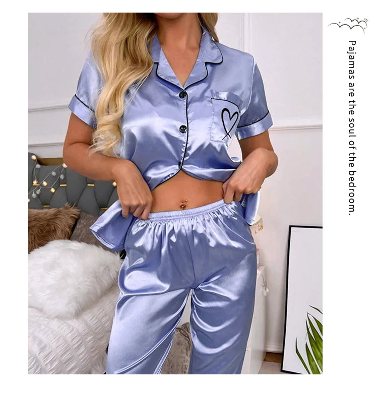 Luxurious Satin Pajama For Women 2 Piece Pjs Set Pocket Heart Embroider Sleepwear Autumn Long Sleeve Tops & Pants Pyjama Female