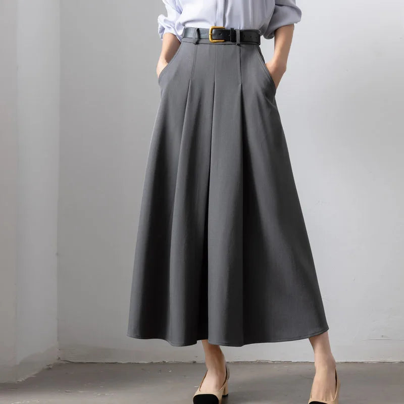 Autumn Elegant High Waist Women's Umbrella Skirts Pockets 2025 New Solid Casual Loose Office Pleated A-line Long Skirts Female