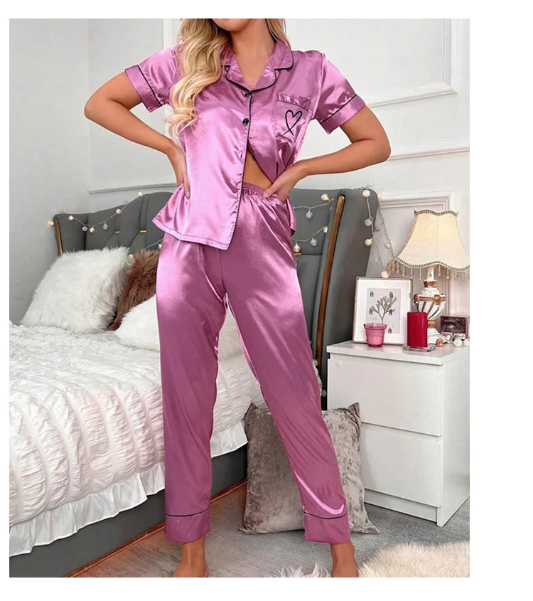 Luxurious Satin Pajama For Women 2 Piece Pjs Set Pocket Heart Embroider Sleepwear Autumn Long Sleeve Tops & Pants Pyjama Female