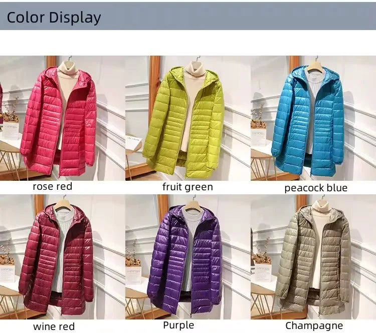 Female Long Warm Down Coat with Portable Storage Bag Women Light Down Jacket Ladies Overcoats Hip-Length High Street