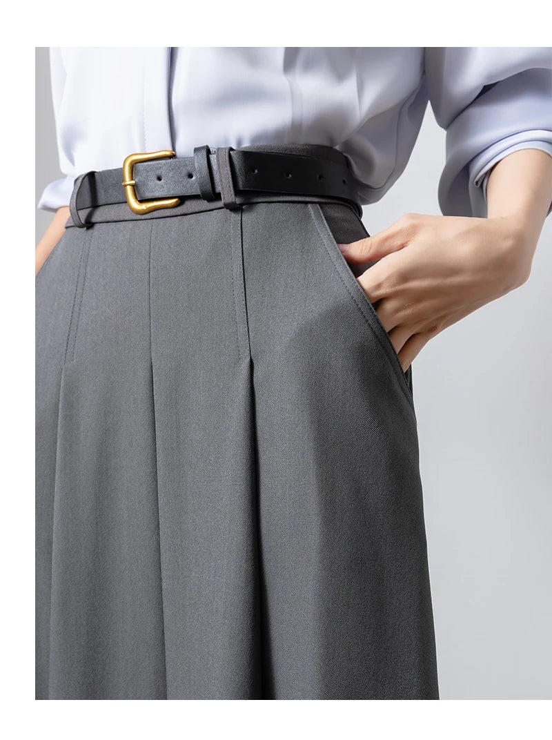 Autumn Elegant High Waist Women's Umbrella Skirts Pockets 2025 New Solid Casual Loose Office Pleated A-line Long Skirts Female