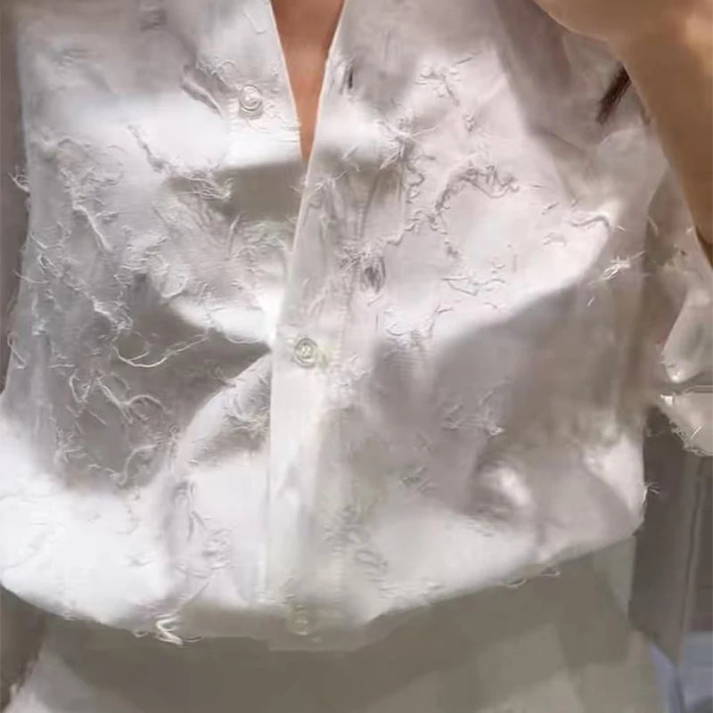 Tassel Shirt Long Skirt Suit Women Loose Lapel Buttons Blouse A-line Skirt Set Female Full Sleeve 2025 Autumn white Sets Lady