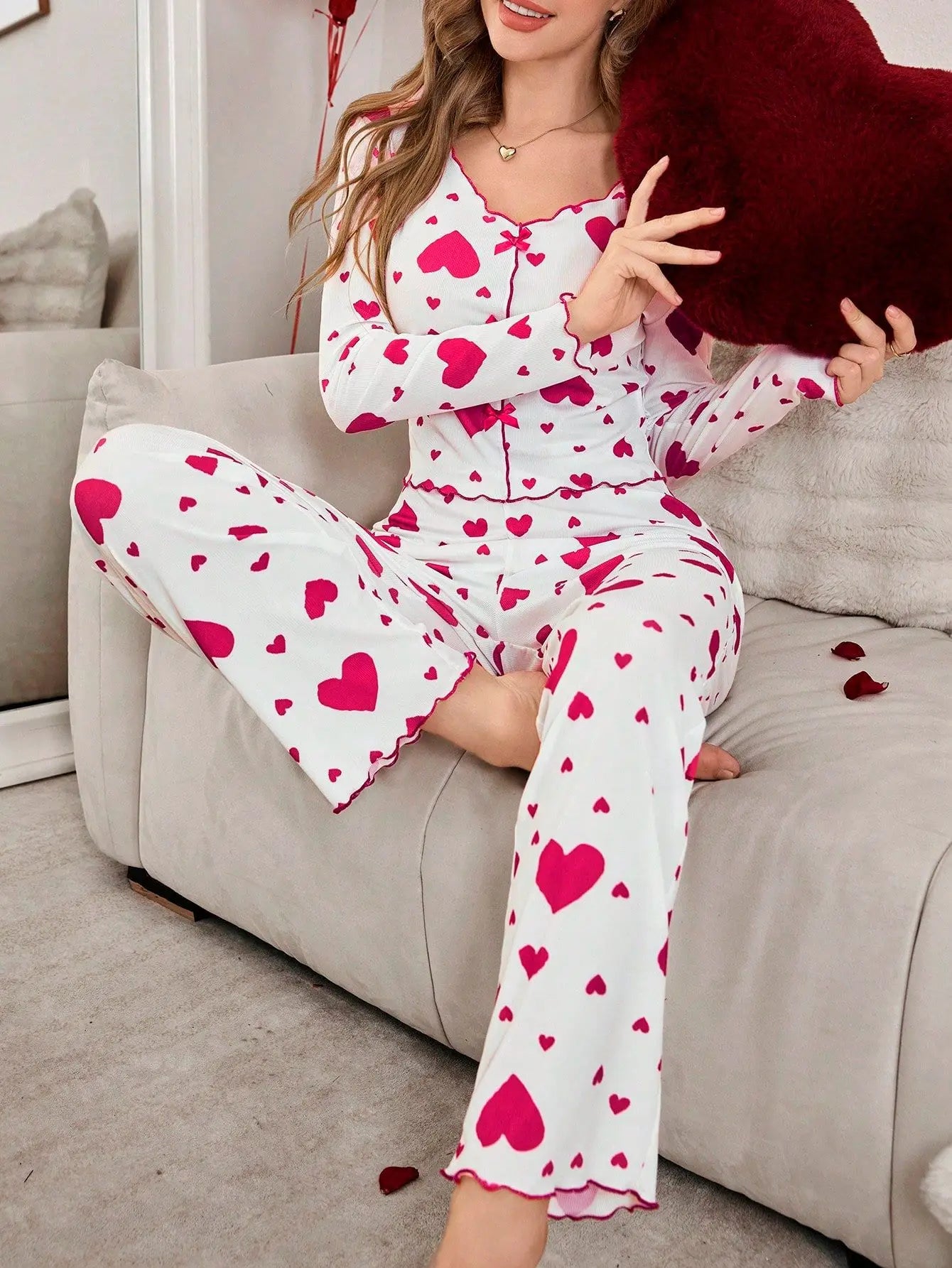 Autumn Winter 2 Pieces Pajamas Sets for Women Sleepwear Heart Print Long Sleeve Tops with Long Pants Trouser Set Pyjamas