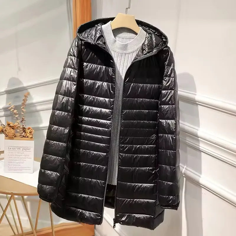 Female Long Warm Down Coat with Portable Storage Bag Women Light Down Jacket Ladies Overcoats Hip-Length High Street