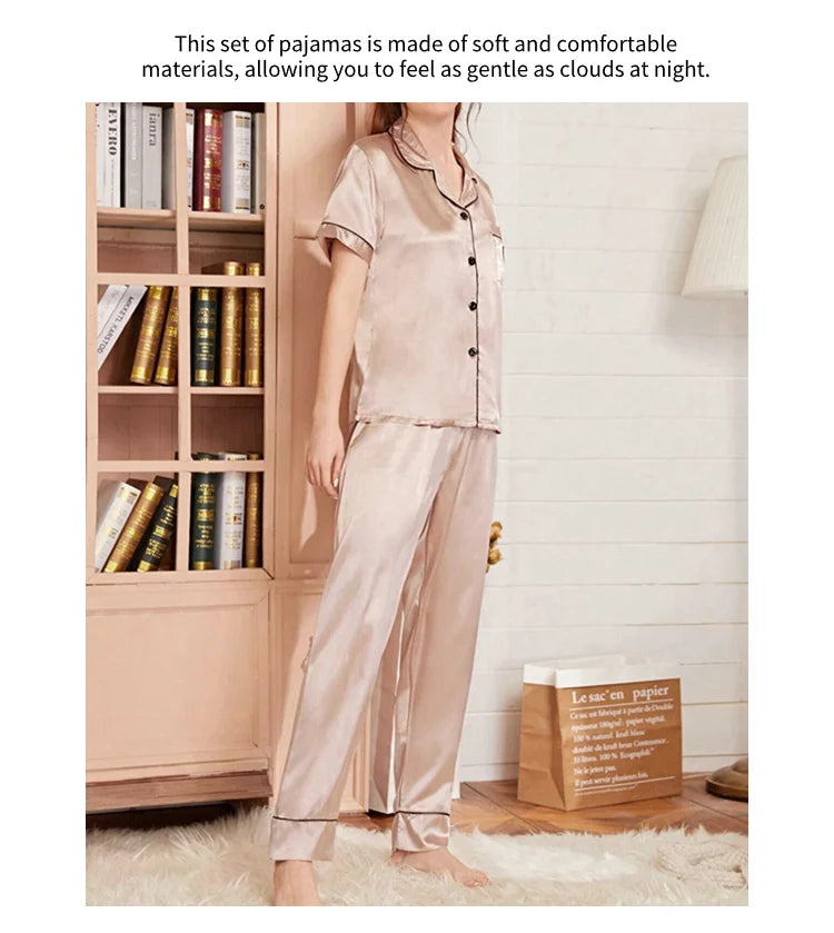 Luxurious Satin Pajama For Women 2 Piece Pjs Set Pocket Heart Embroider Sleepwear Autumn Long Sleeve Tops & Pants Pyjama Female