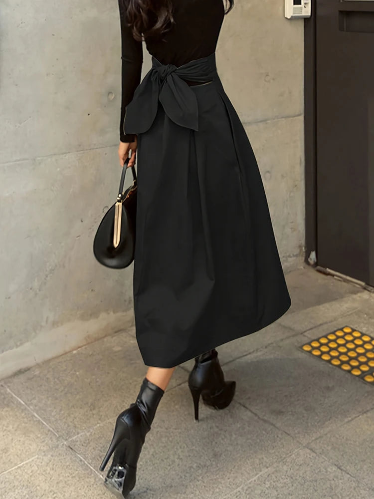 Stylish Solid A-line Skirts for Women Preppy School Style High Elastic Waist Long Skirt With Bow Woman Clothing Women's Skirts