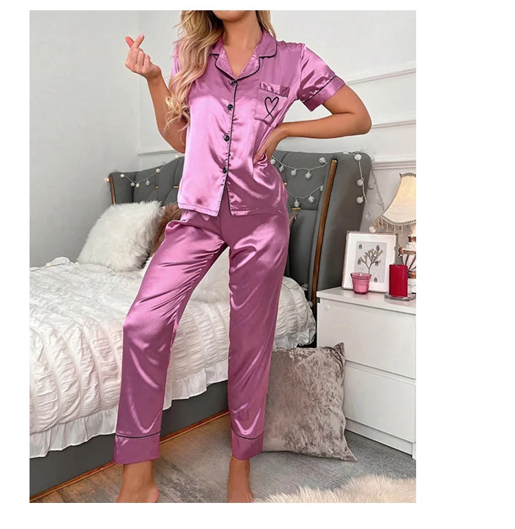 Luxurious Satin Pajama For Women 2 Piece Pjs Set Pocket Heart Embroider Sleepwear Autumn Long Sleeve Tops & Pants Pyjama Female