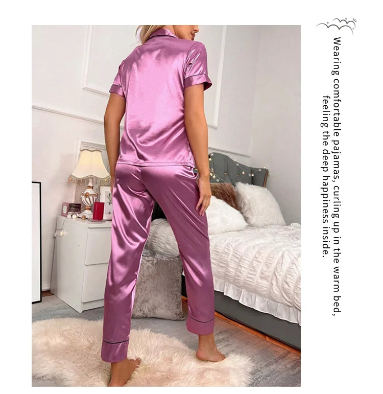 Luxurious Satin Pajama For Women 2 Piece Pjs Set Pocket Heart Embroider Sleepwear Autumn Long Sleeve Tops & Pants Pyjama Female