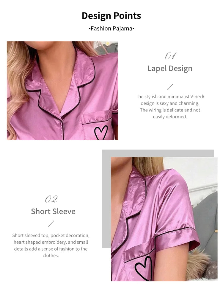 Luxurious Satin Pajama For Women 2 Piece Pjs Set Pocket Heart Embroider Sleepwear Autumn Long Sleeve Tops & Pants Pyjama Female