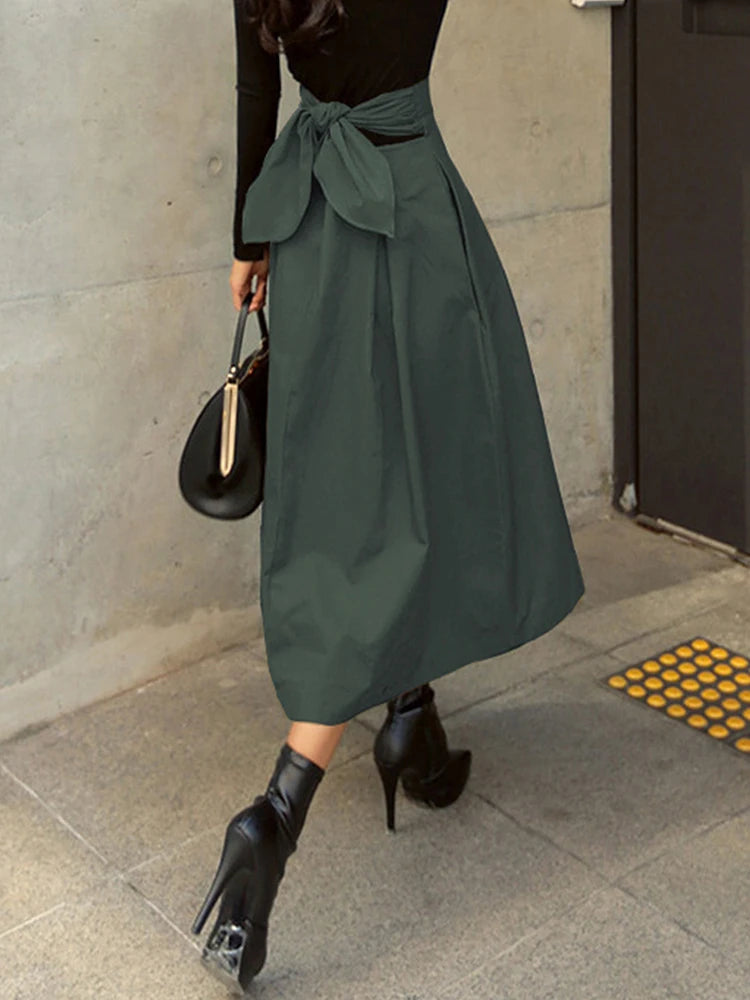 Stylish Solid A-line Skirts for Women Preppy School Style High Elastic Waist Long Skirt With Bow Woman Clothing Women's Skirts