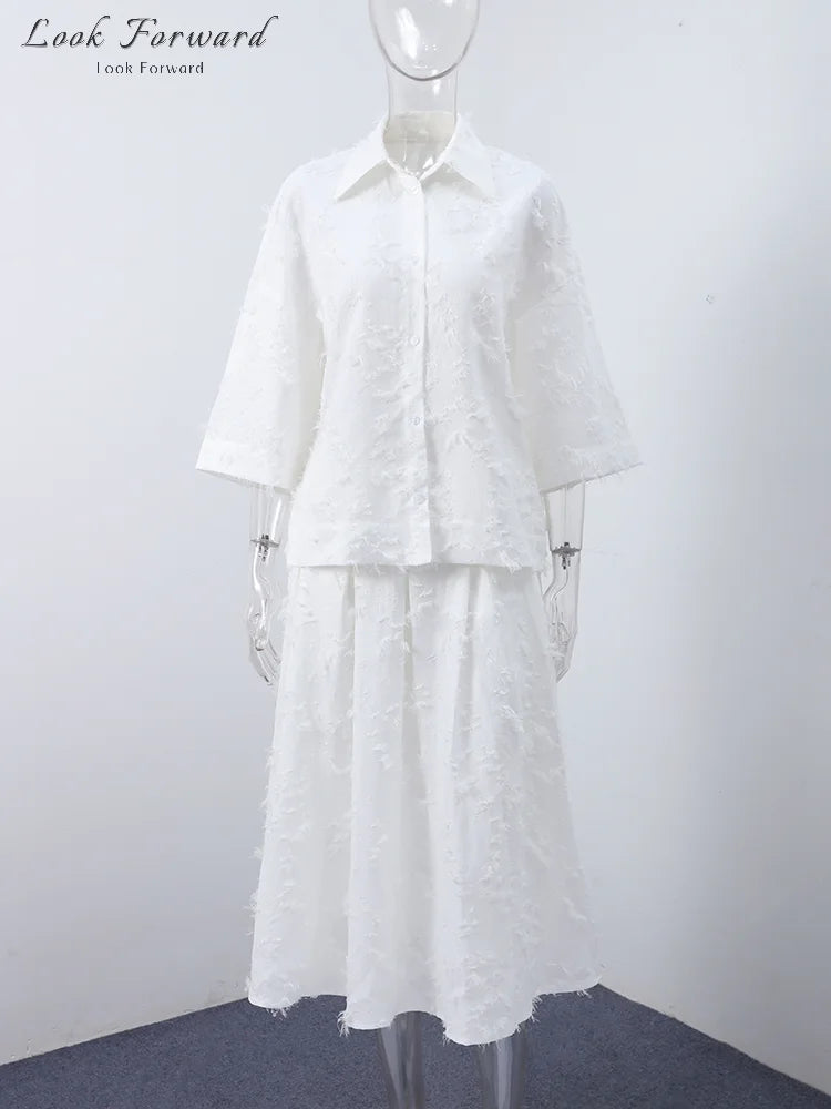 Tassel Shirt Long Skirt Suit Women Loose Lapel Buttons Blouse A-line Skirt Set Female Full Sleeve 2025 Autumn white Sets Lady