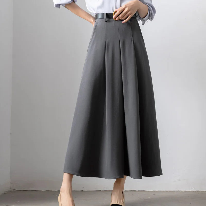Autumn Elegant High Waist Women's Umbrella Skirts Pockets 2025 New Solid Casual Loose Office Pleated A-line Long Skirts Female