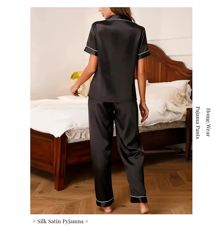 Luxurious Satin Pajama For Women 2 Piece Pjs Set Pocket Heart Embroider Sleepwear Autumn Long Sleeve Tops & Pants Pyjama Female