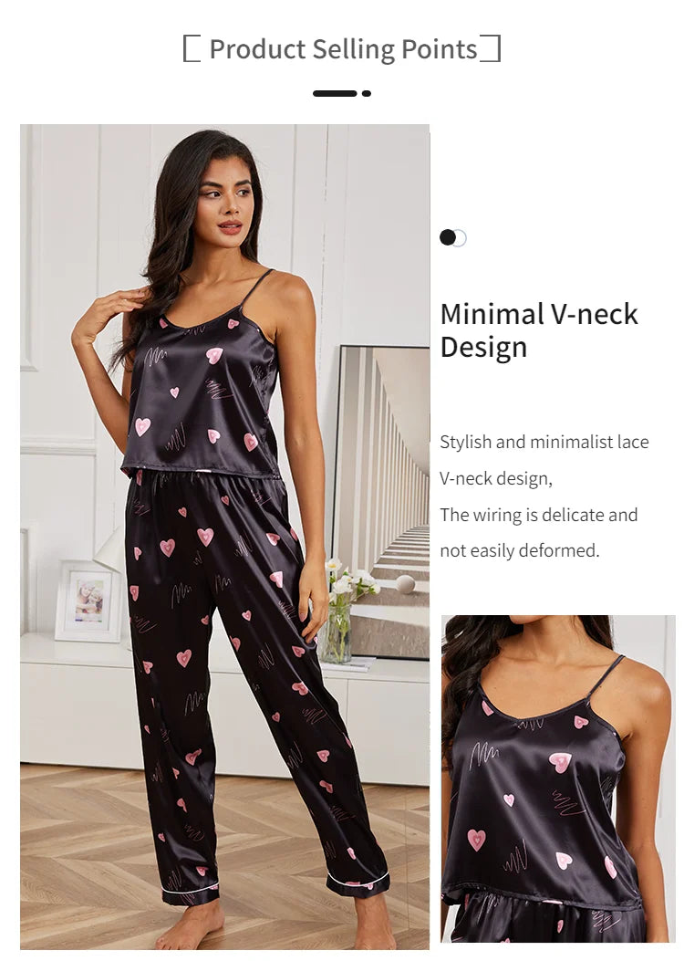 Women's Home Clothes Sexy V Neck Pajama Silk Pajamas Set Sleepwear Satin Cami Vest with Trousers Pajamas 2 Piece Sets Loungewear